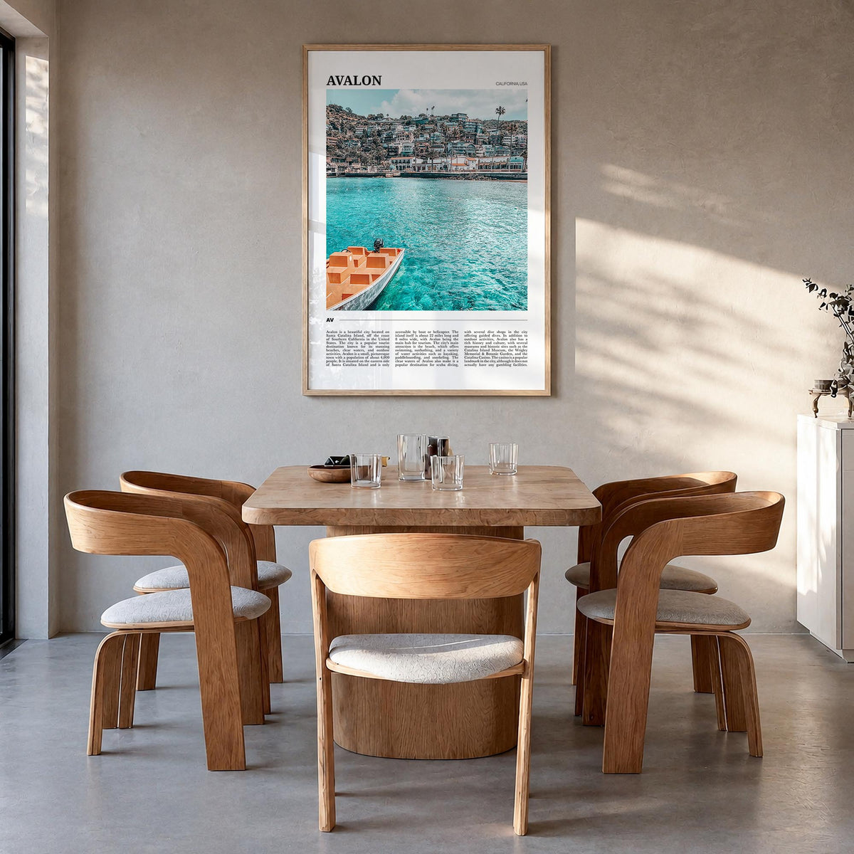 Avalon, California colorful travel poster of California, USA – vertical wall art in natural wood frame, hanging on wall