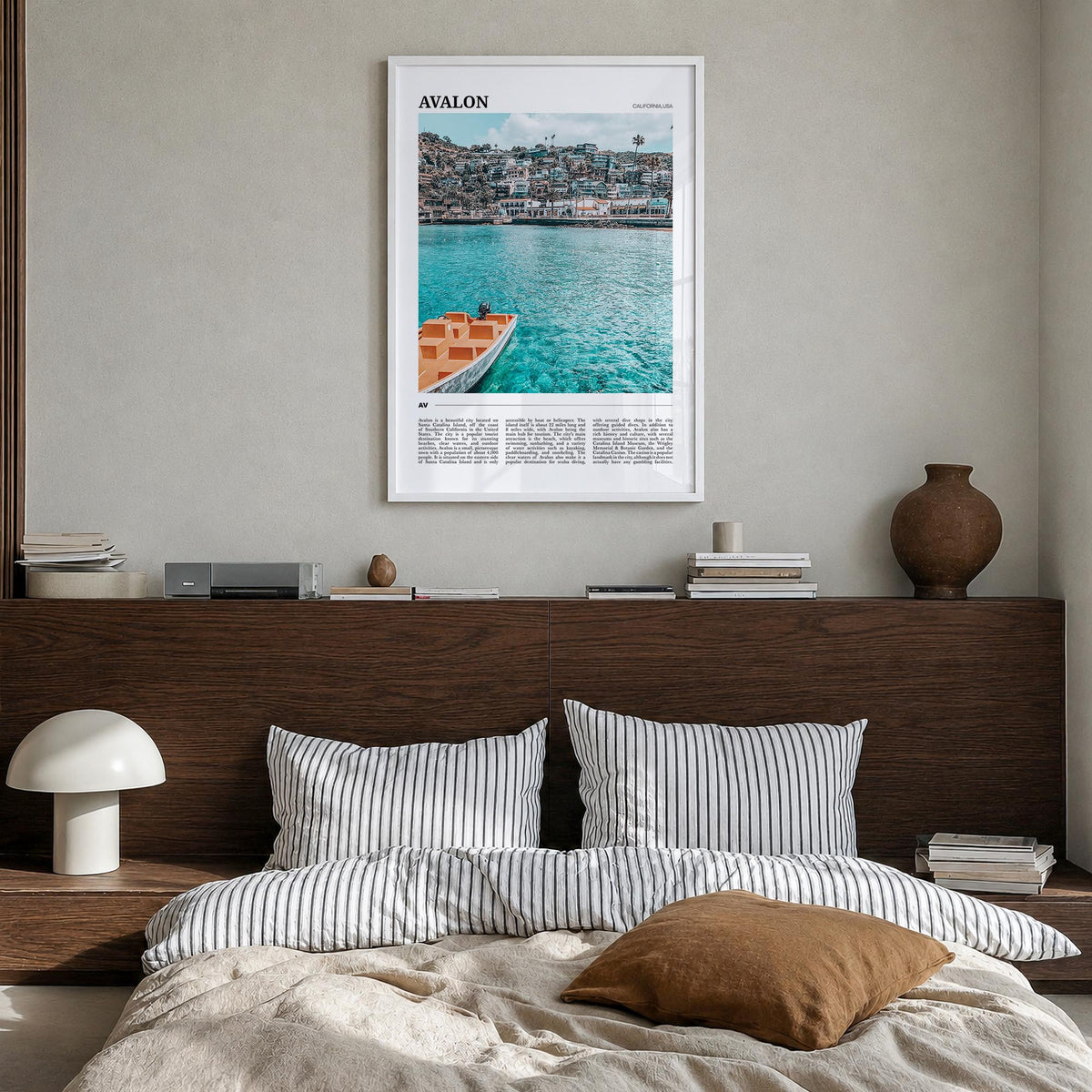Avalon, California colorful travel poster of California, USA – vertical wall art in white wood frame, hanging on wall