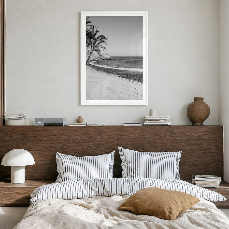 Avalon, California Photo Poster in a white wood frame, hanging in a bedroom, white border