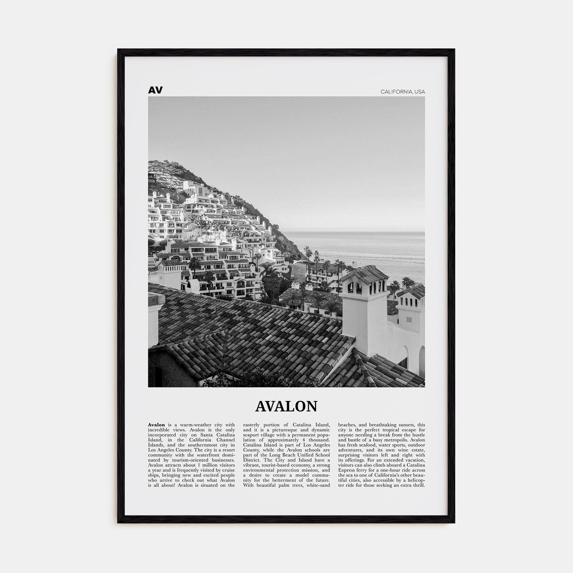 Avalon, California Poster Black Wood / 8x12 in Nbourhood Travel B&W Poster