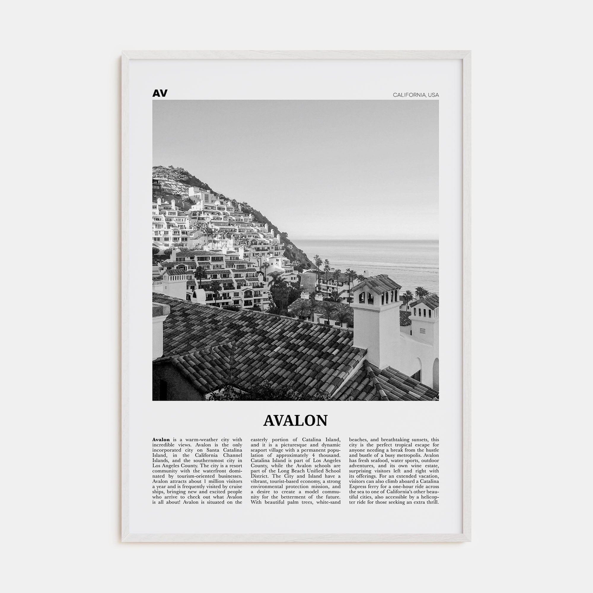 Avalon, California Poster White Wood / 8x12 in Nbourhood Travel B&W Poster