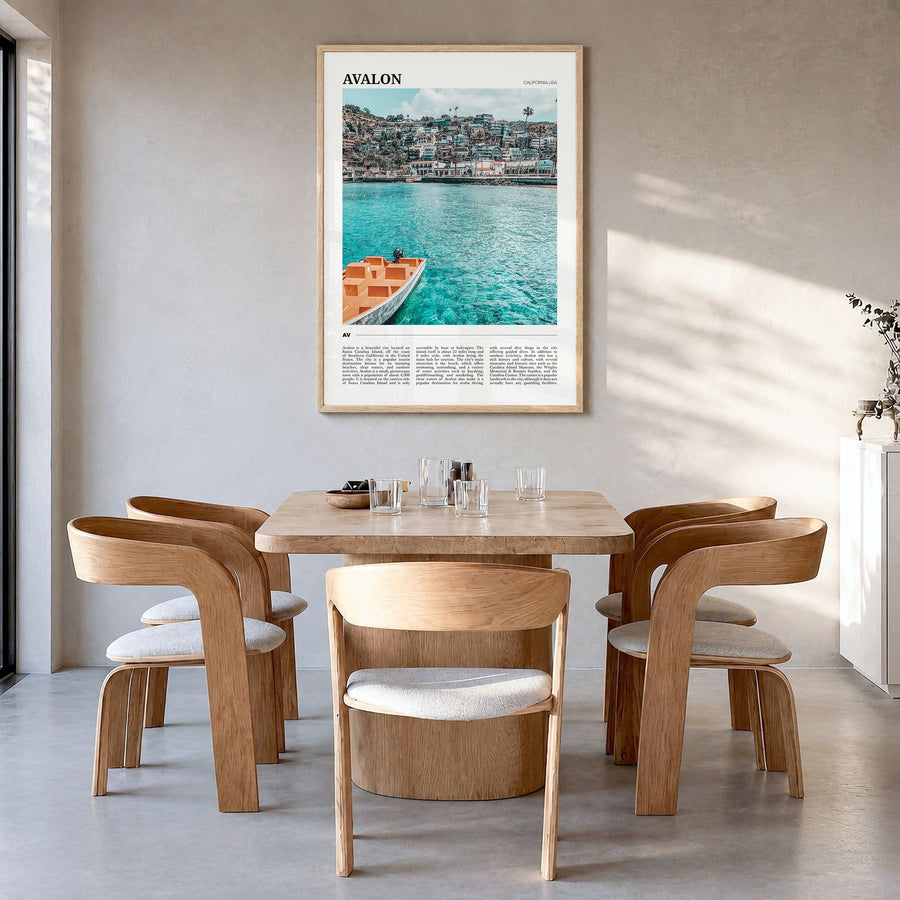 Avalon, California Travel Poster in a natural wood frame, hanging in a dining room