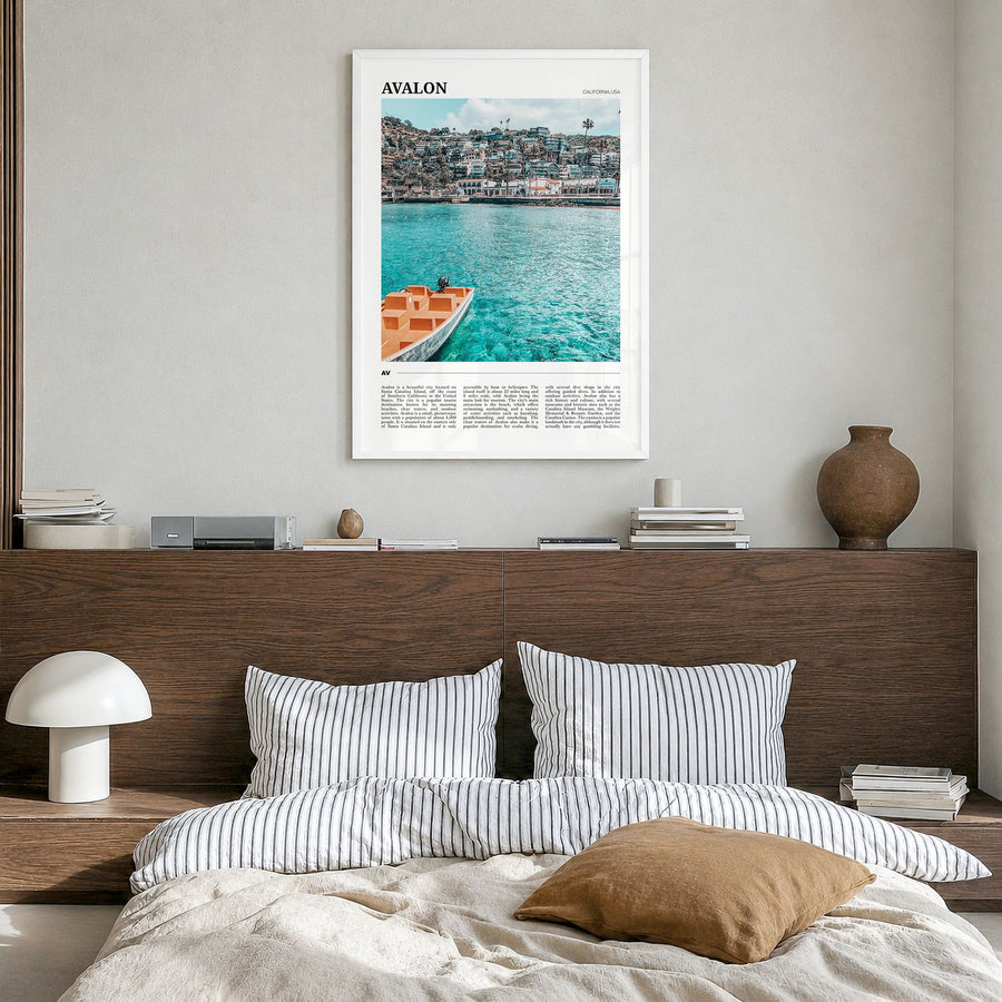 Avalon, California Travel Poster in a white wood frame, hanging in a bedroom