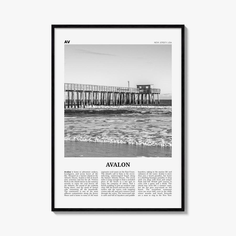 Avalon, New Jersey black & white newspaper poster of New Jersey, USA – vertical wall art, unframed print shown in interior mo