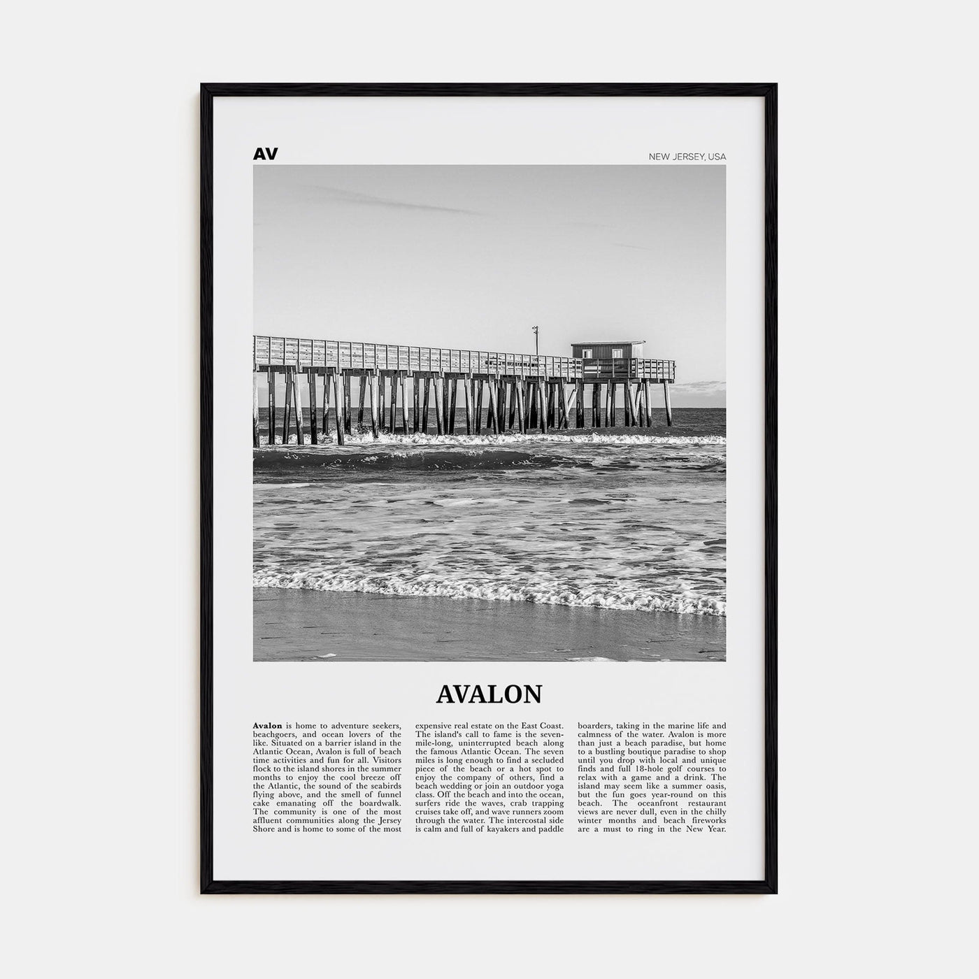 Avalon, New Jersey Poster Black Wood / 8x12 in Nbourhood Travel B&W Poster