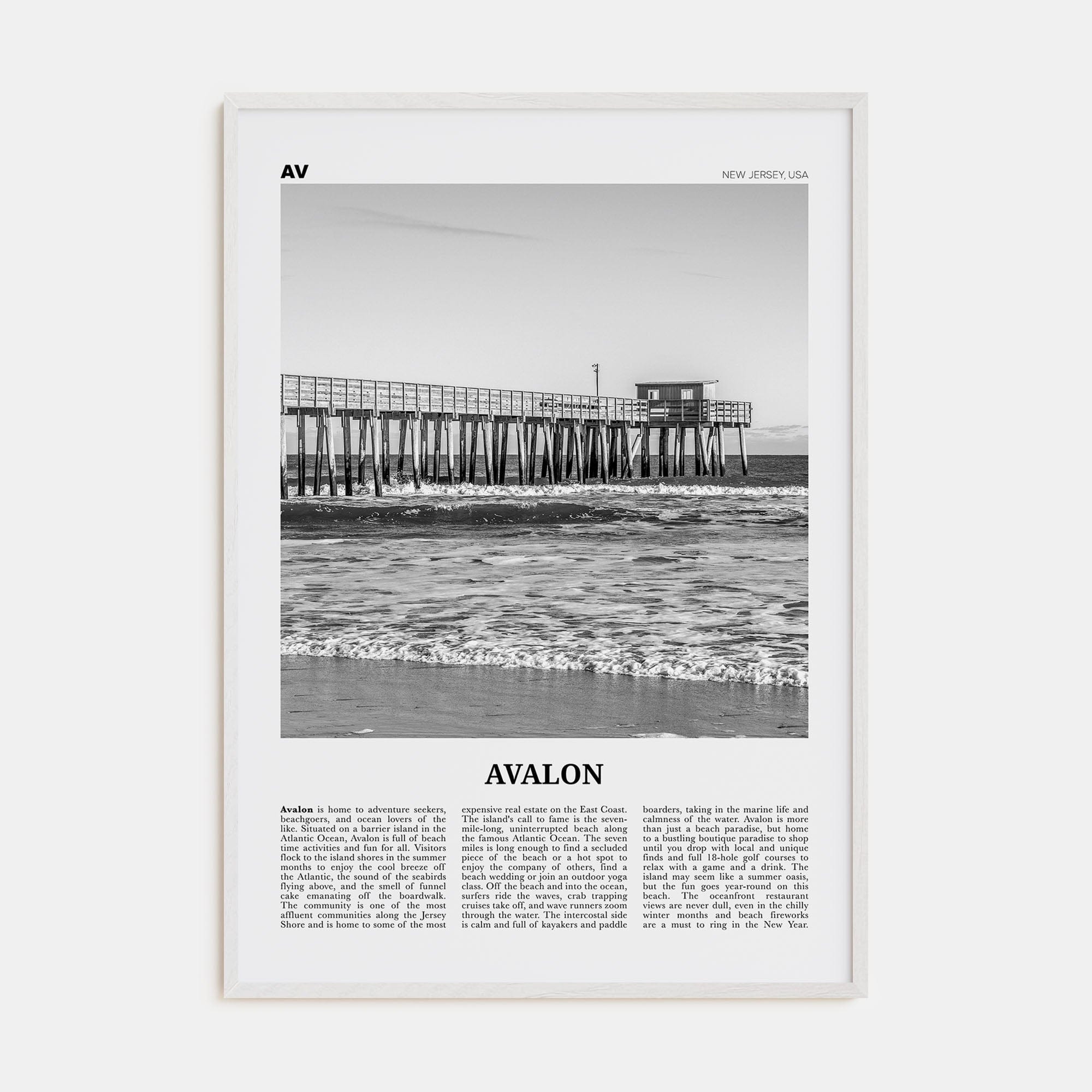 Avalon, New Jersey Poster White Wood / 8x12 in Nbourhood Travel B&W Poster