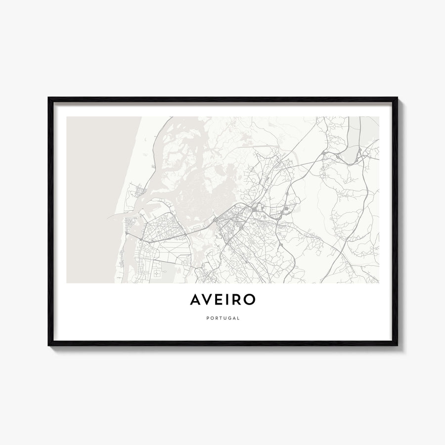 Aveiro black & white map poster of Portugal – horizontal wall art, unframed print shown in interior mockup