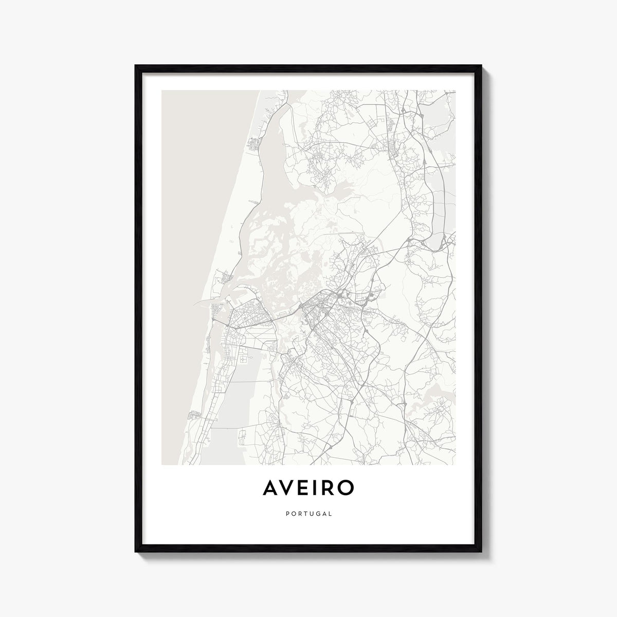 Aveiro black & white map poster of Portugal – vertical wall art, unframed print shown in interior mockup