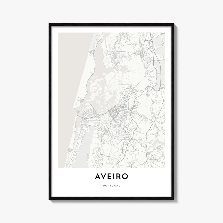 Aveiro black & white map poster of Portugal – vertical wall art, unframed print shown in interior mockup