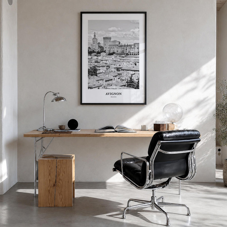 Avignon black & white classic poster of France – vertical wall art in black wood frame, hanging on wall