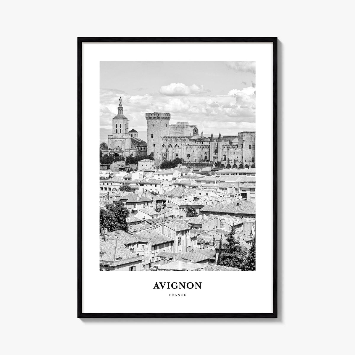 Avignon black & white classic poster of France – vertical wall art, unframed print shown in interior mockup