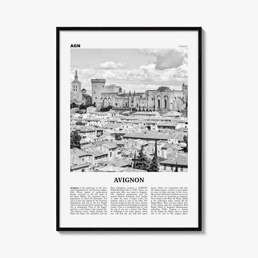 Avignon black & white newspaper poster of France – vertical wall art, unframed print shown in interior mockup
