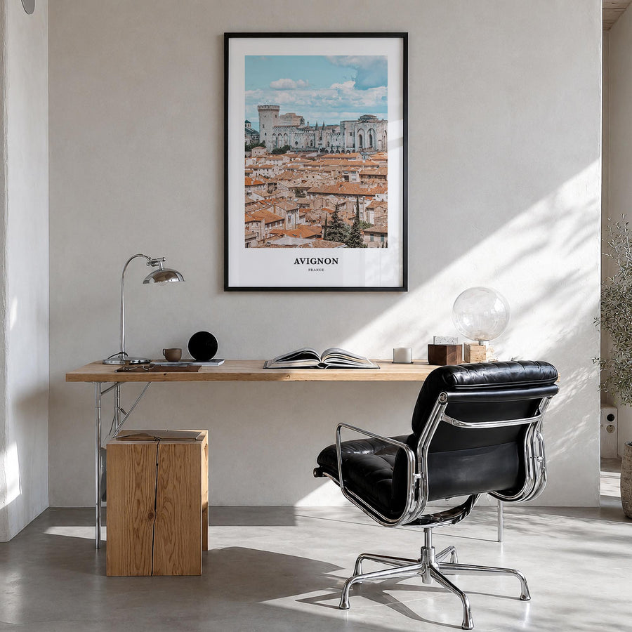 Avignon colorful classic poster of France – vertical wall art in black wood frame, hanging on wall