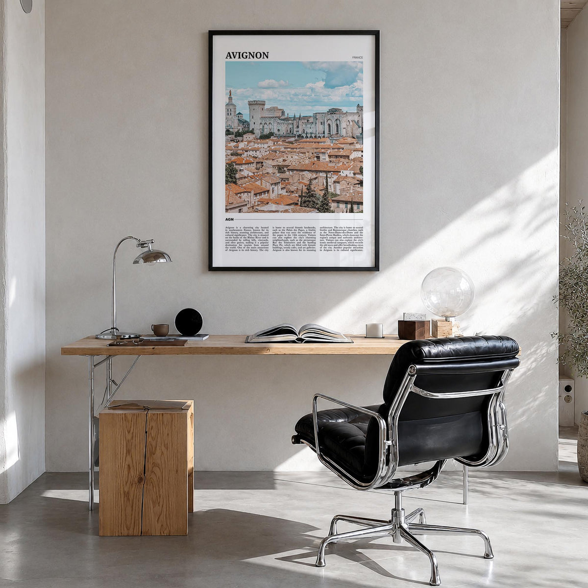 Avignon colorful travel poster of France – vertical wall art in black wood frame, hanging on wall