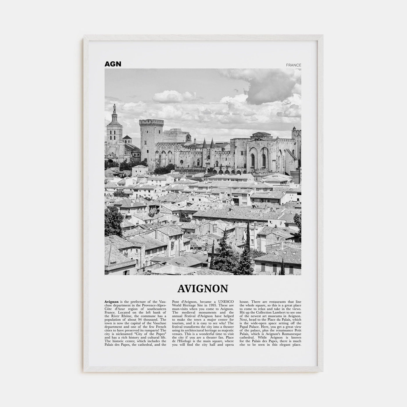 Avignon Poster White Wood / 8x12 in Nbourhood Travel B&W Poster