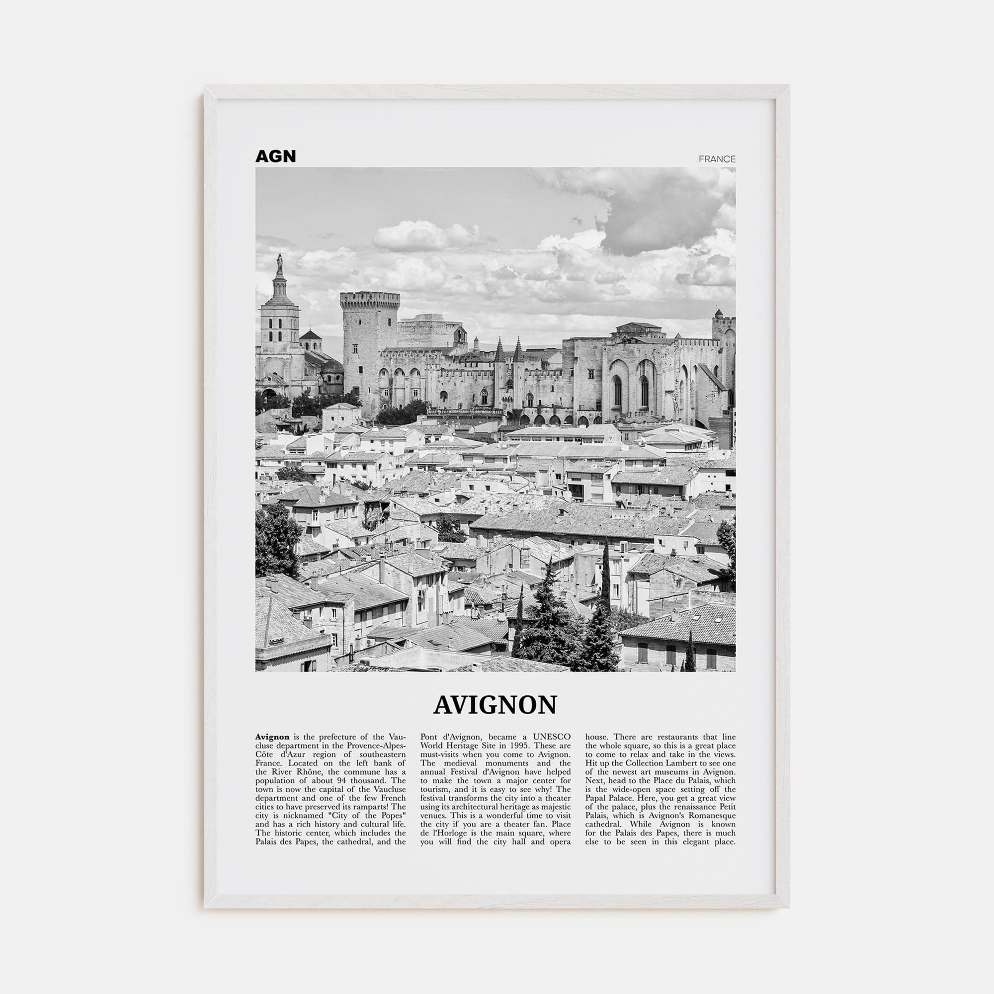 Avignon Poster White Wood / 8x12 in Nbourhood Travel B&W Poster