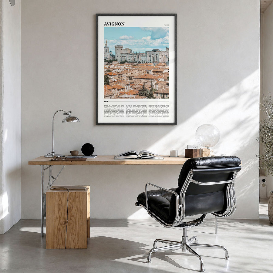 Avignon Travel Poster in a black wood frame, hanging in a bright home office