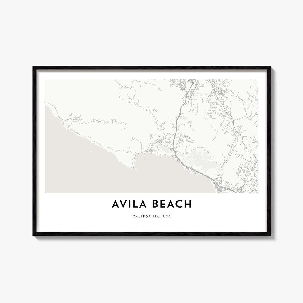 Avila Beach black & white map poster of California, USA – horizontal wall art, unframed print shown in interior mockup
