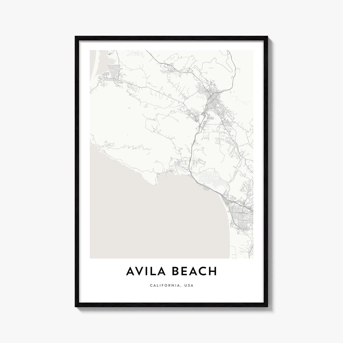 Avila Beach black & white map poster of California, USA – vertical wall art, unframed print shown in interior mockup
