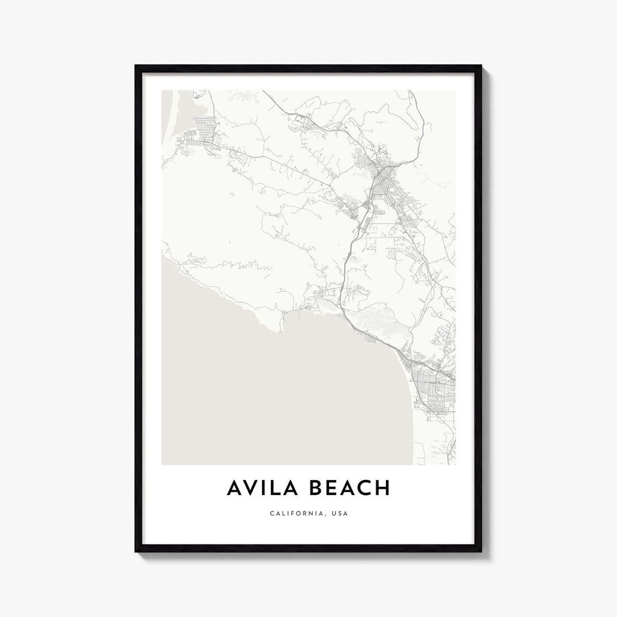 Avila Beach black & white map poster of California, USA – vertical wall art, unframed print shown in interior mockup