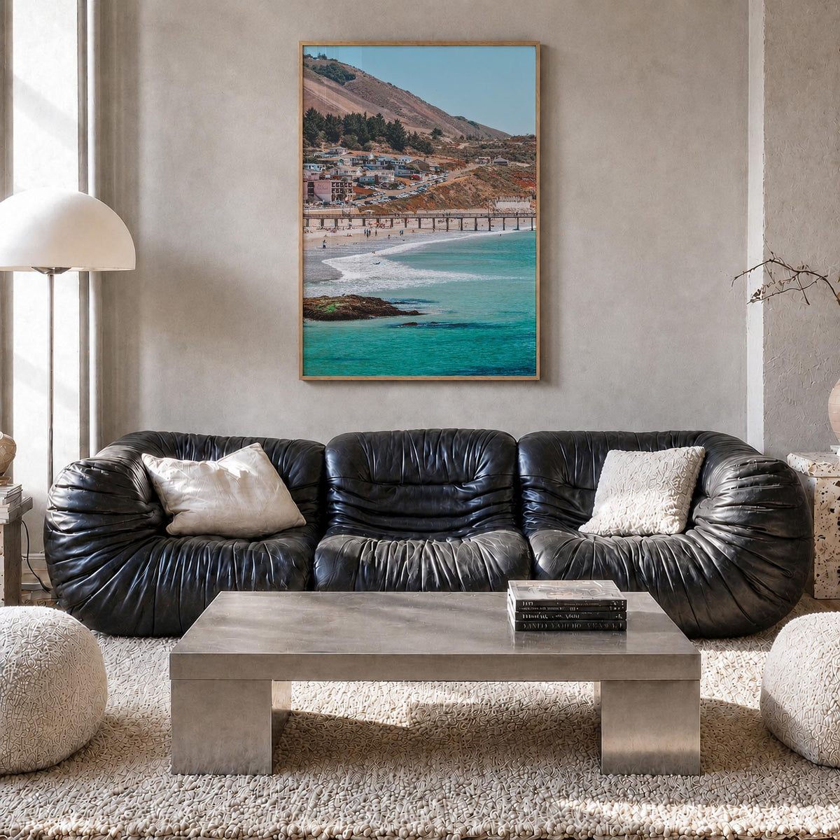 Avila Beach colorful photo poster of California, USA – vertical wall art in natural wood frame, hanging on wall