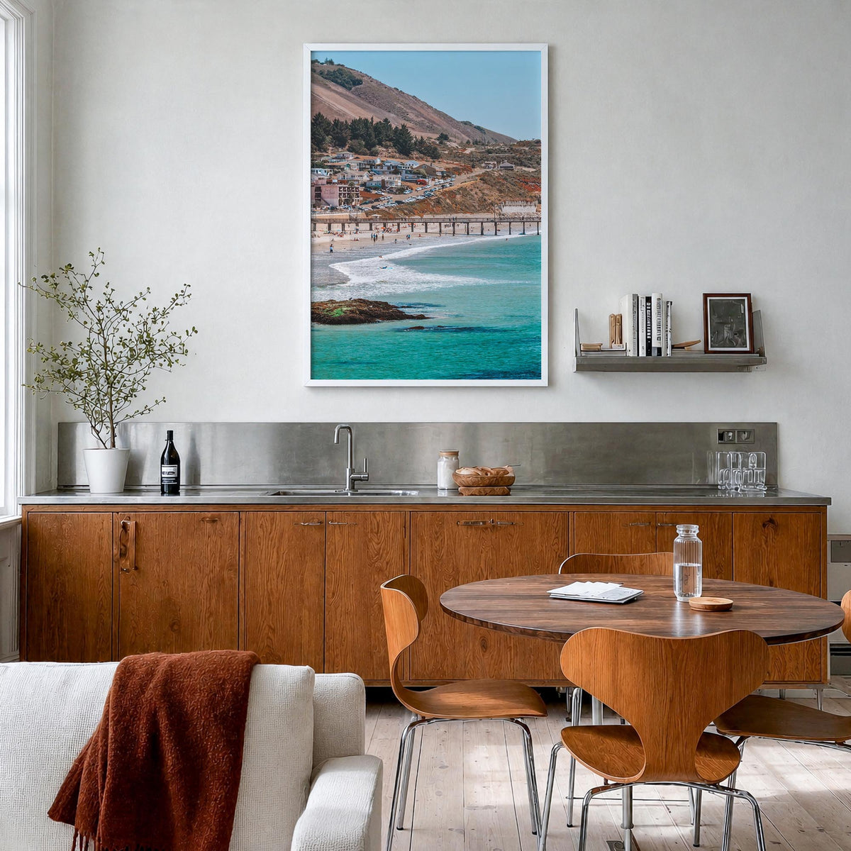 Avila Beach colorful photo poster of California, USA – vertical wall art in white wood frame, hanging on wall