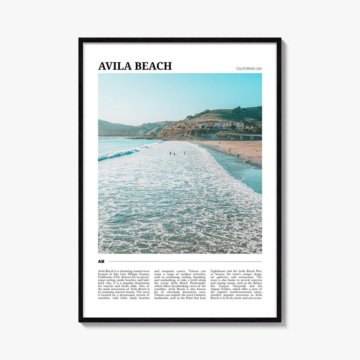 Avila Beach colorful travel poster of California, USA – vertical wall art, unframed print shown in interior mockup