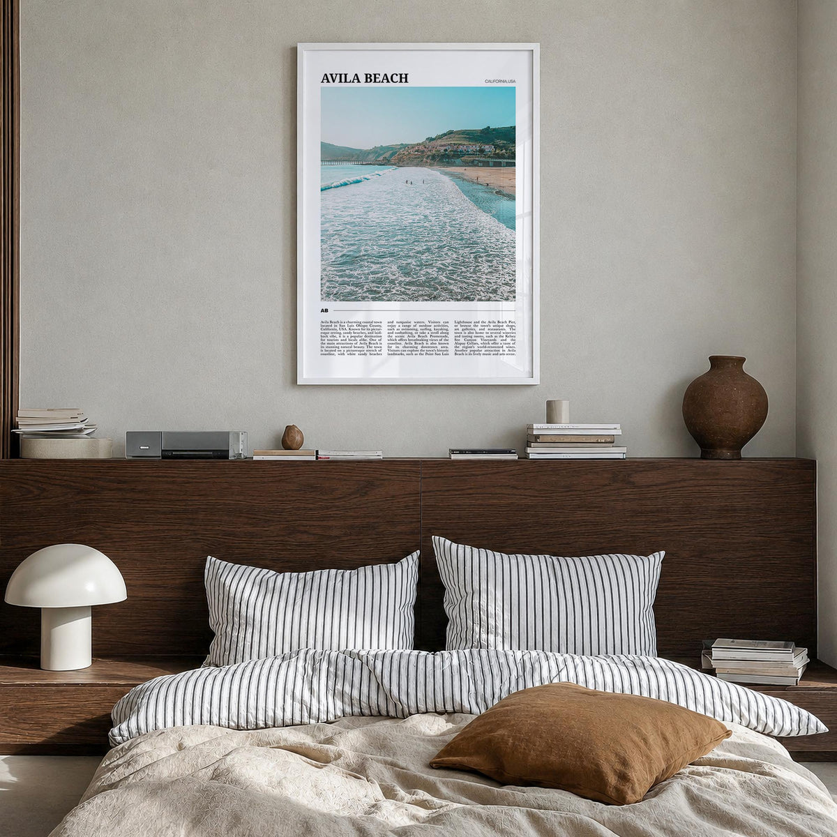 Avila Beach colorful travel poster of California, USA – vertical wall art in white wood frame, hanging on wall