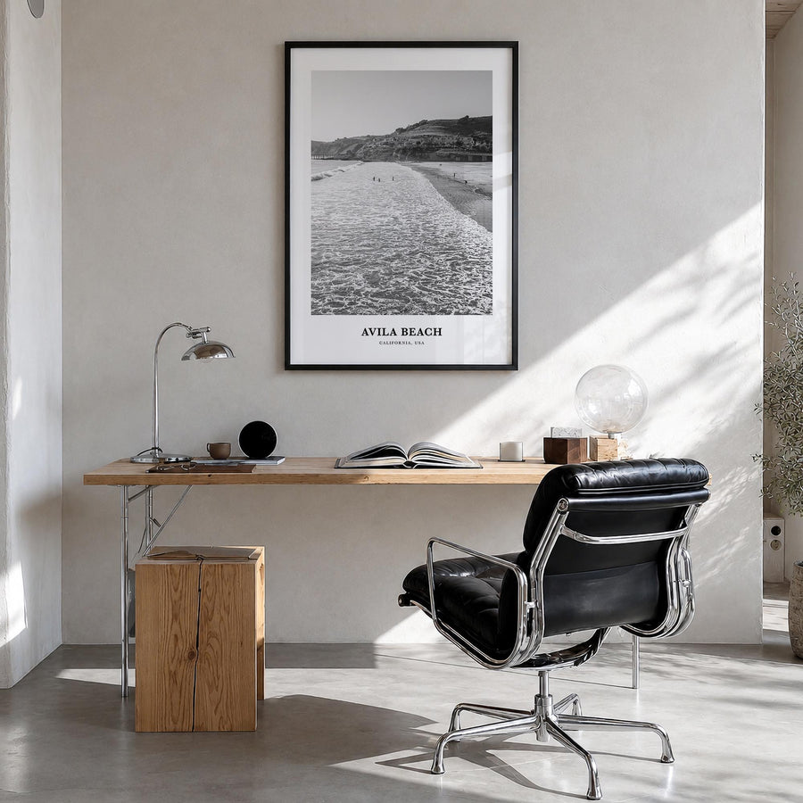 Avila Beach no. 1 black & white classic poster of California, USA – vertical wall art in black wood frame, hanging on wall