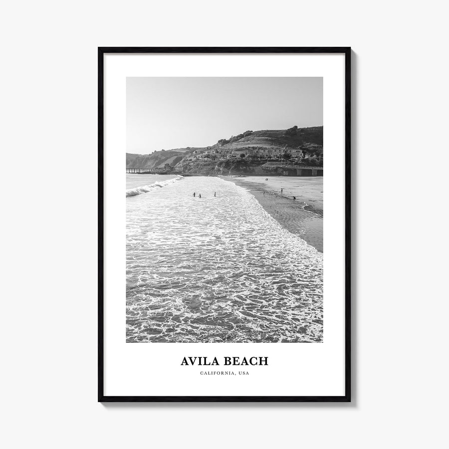 Avila Beach no. 1 black & white classic poster of California, USA – vertical wall art, unframed print shown in interior mocku