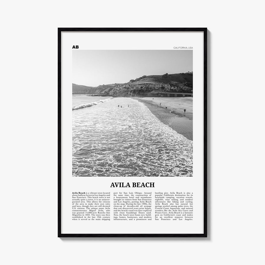 Avila Beach no. 1 black & white newspaper poster of California, USA – vertical wall art, unframed print shown in interior moc