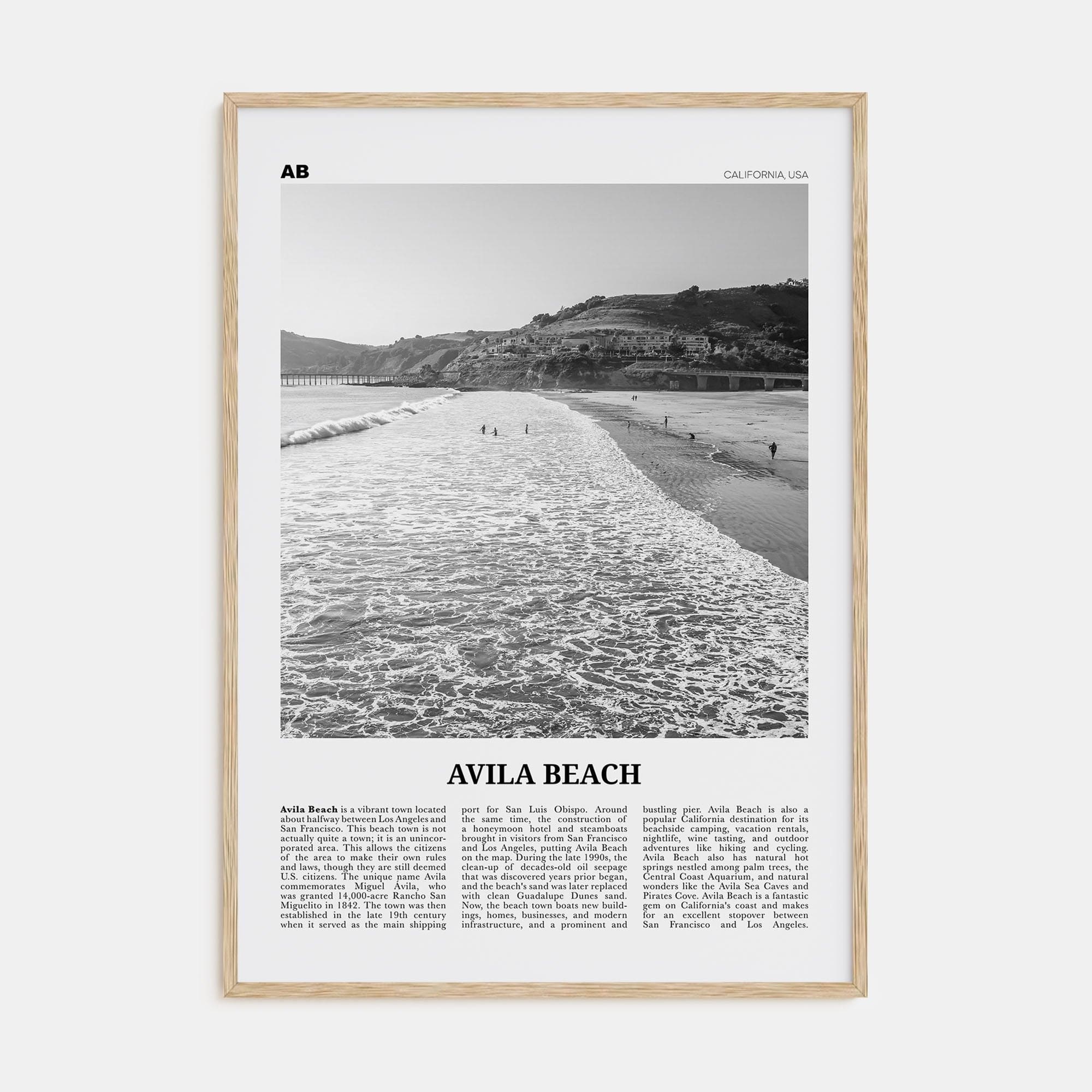 Avila Beach No 1 Poster Natural Wood / 8x12 in Nbourhood Travel B&W Poster