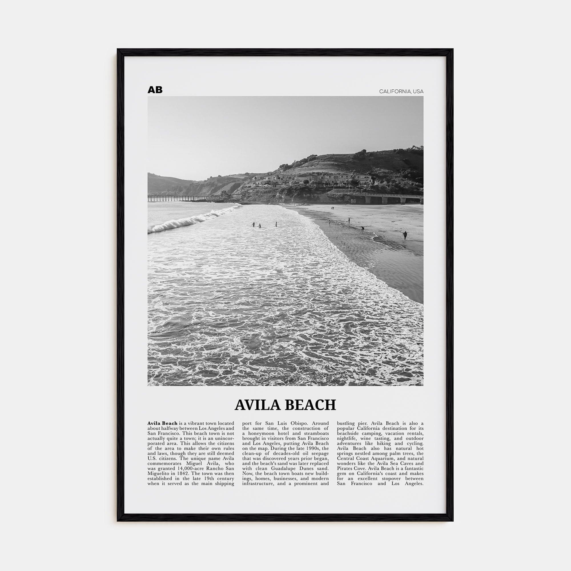 Avila Beach No 1 Poster Black Wood / 8x12 in Nbourhood Travel B&W Poster