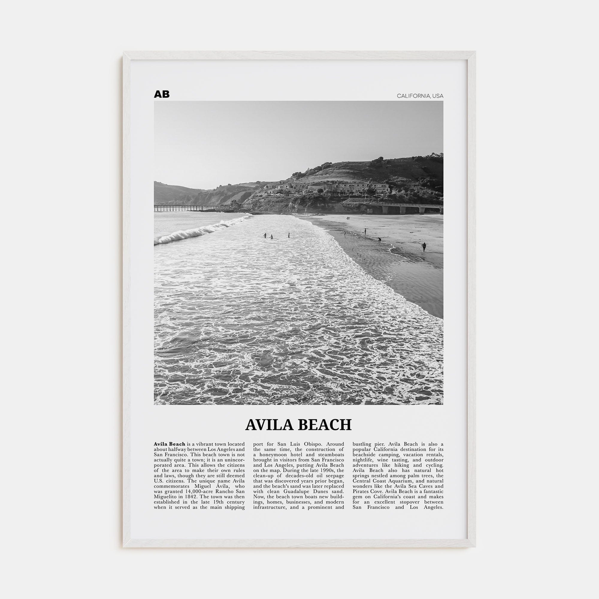 Avila Beach No 1 Poster White Wood / 8x12 in Nbourhood Travel B&W Poster