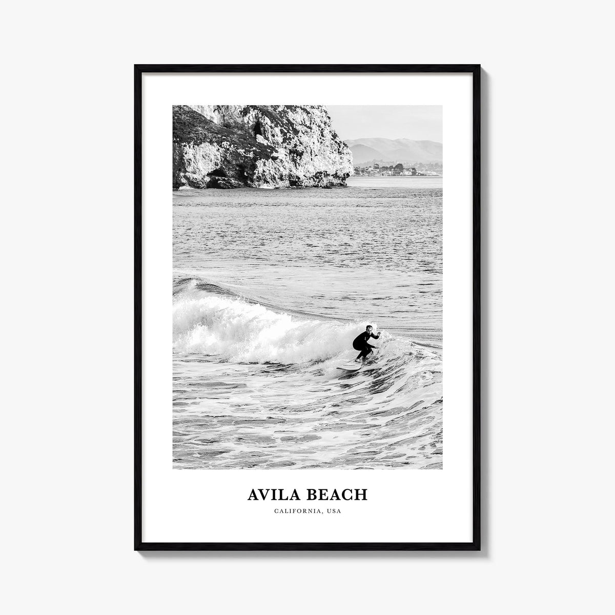 Avila Beach no. 2 black & white classic poster of California, USA – vertical wall art, unframed print shown in interior mocku