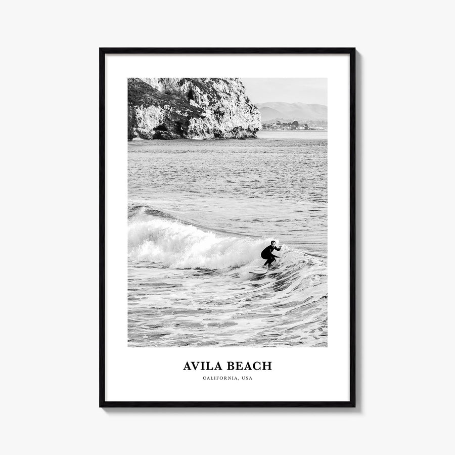 Avila Beach no. 2 black & white classic poster of California, USA – vertical wall art, unframed print shown in interior mocku