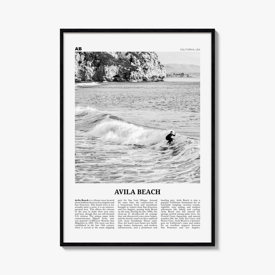 Avila Beach no. 2 black & white newspaper poster of California, USA – vertical wall art, unframed print shown in interior moc