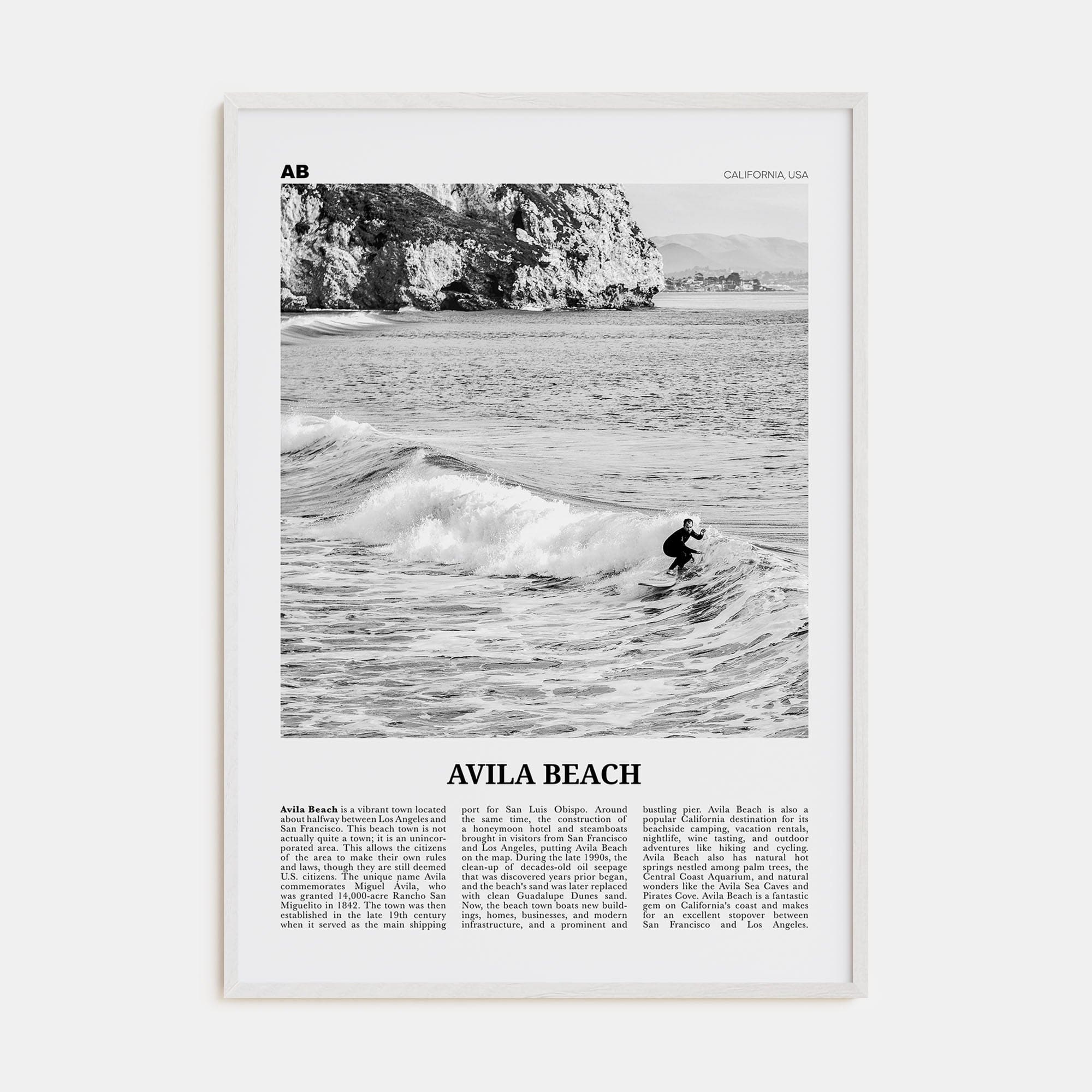 Avila Beach No 2 Poster White Wood / 8x12 in Nbourhood Travel B&W Poster