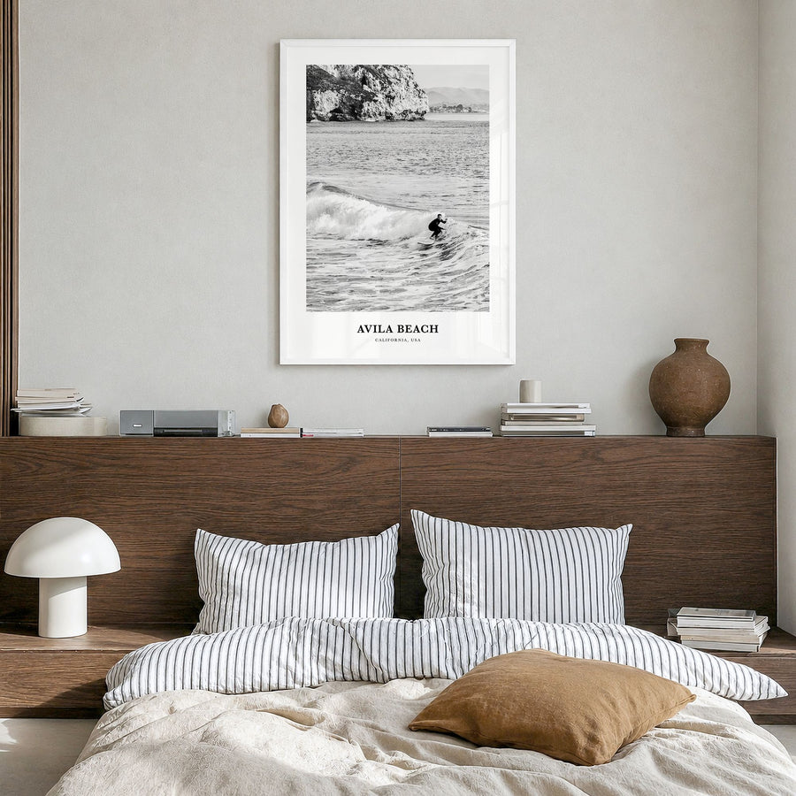 Avila Beach Classic No 2 Poster in a white wood frame, hanging in a bedroom