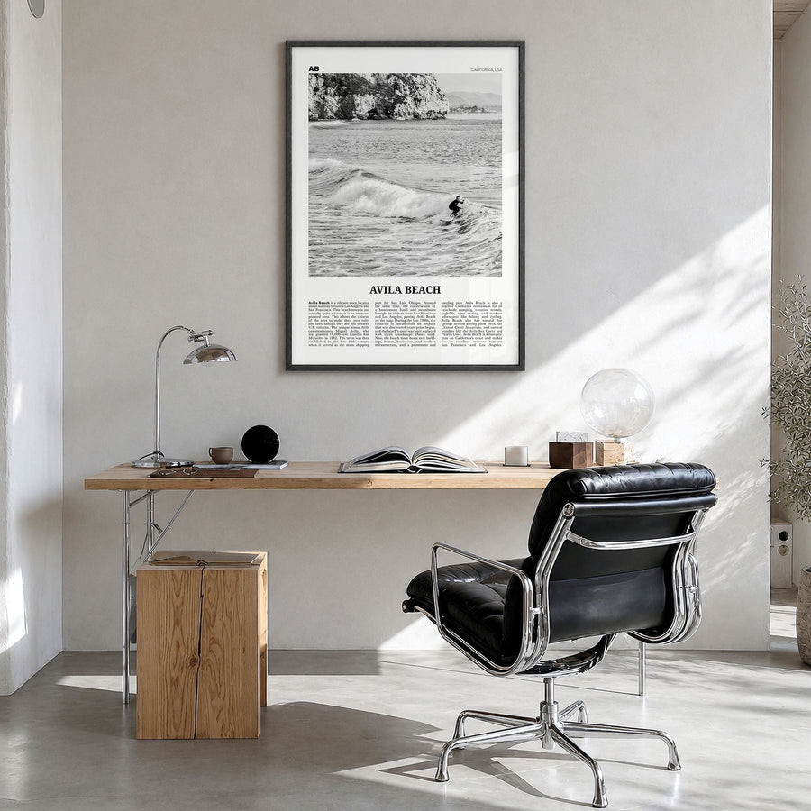 Avila Beach Newspaper No 2 Poster in a black wood frame, hanging in a bright home office