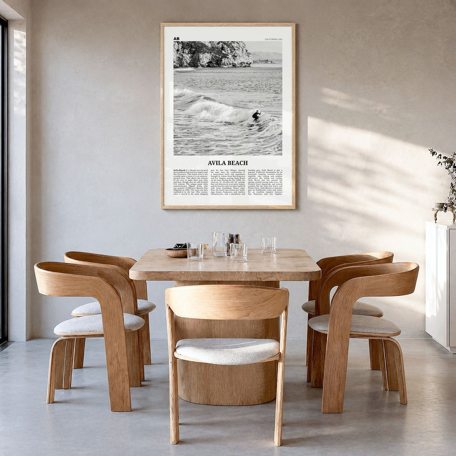 Avila Beach Newspaper No 2 Poster in a natural wood frame, hanging in a dining room