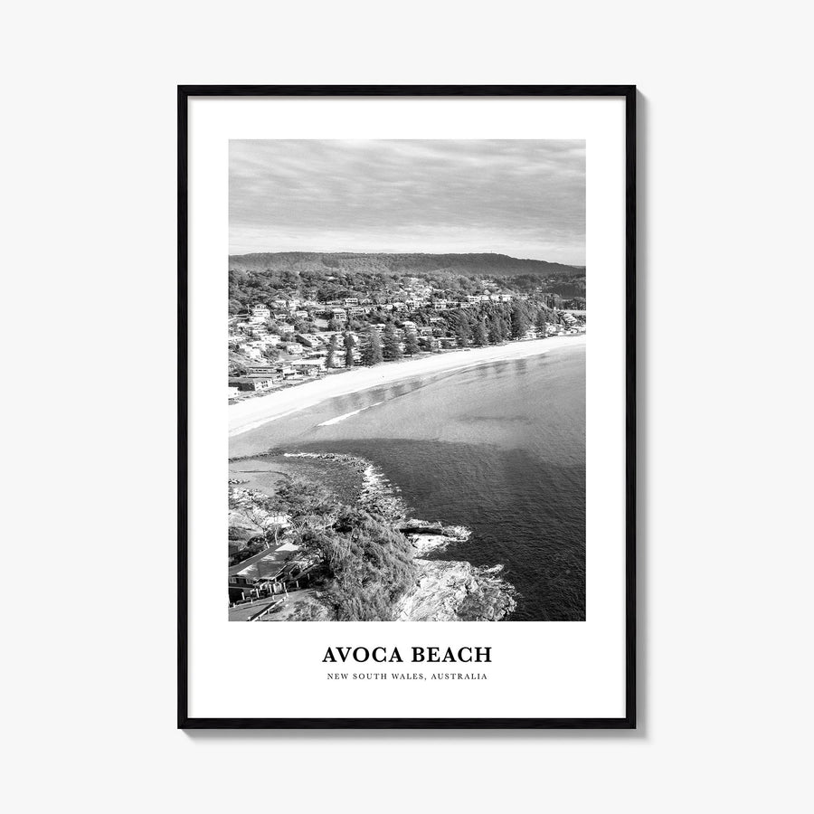 Avoca Beach black & white classic poster of New South Wales, Australia – vertical wall art, unframed print shown in interior 