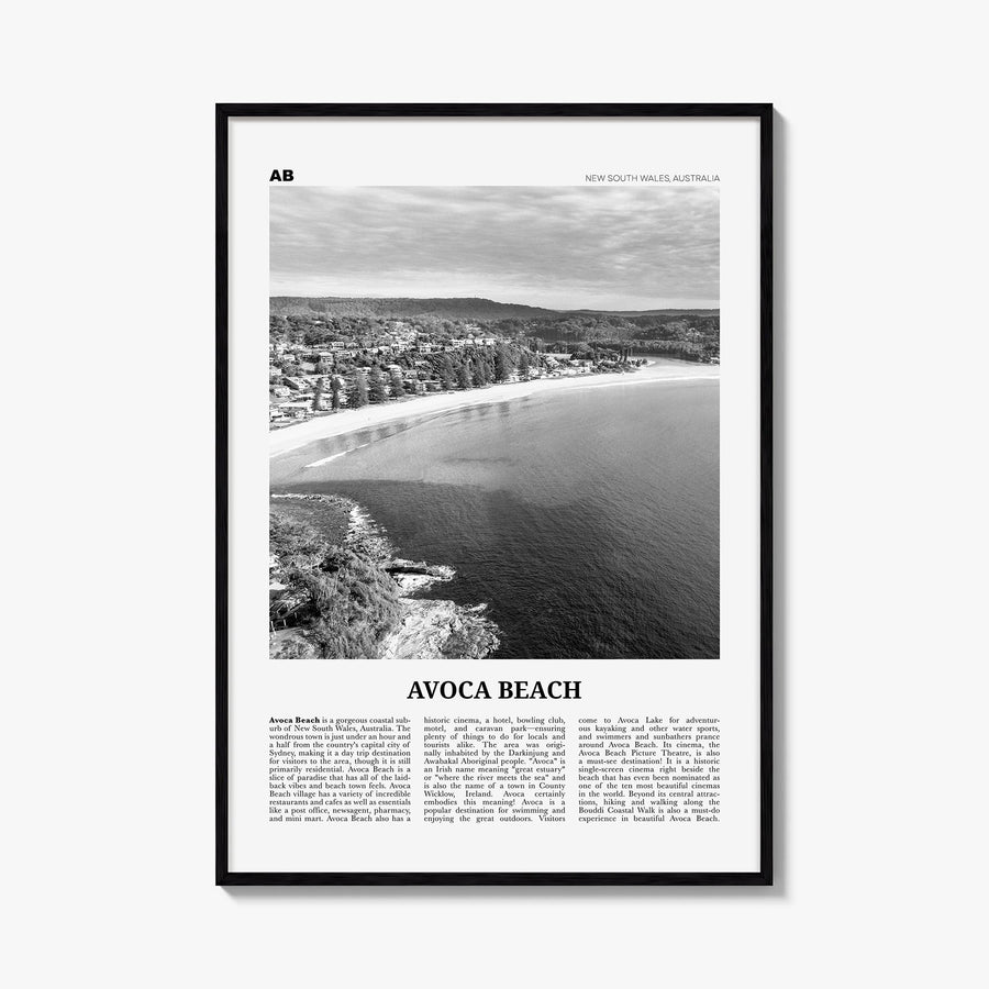 Avoca Beach black & white newspaper poster of New South Wales, Australia – vertical wall art, unframed print shown in interio