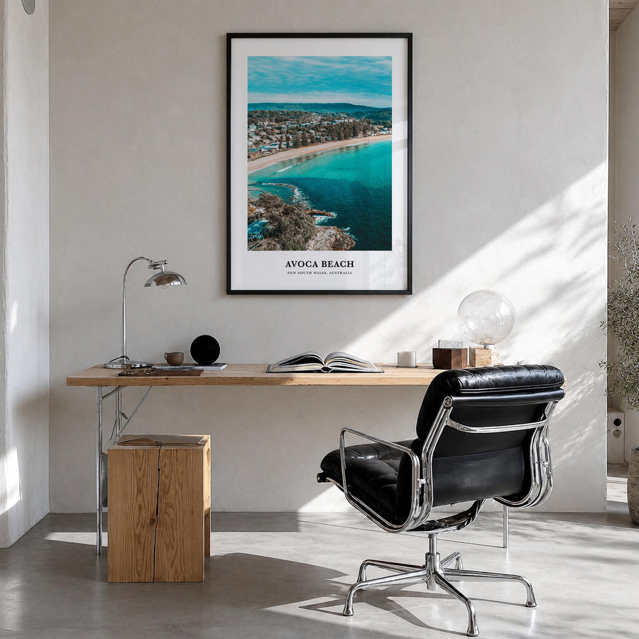 Avoca Beach colorful classic poster of New South Wales, Australia – vertical wall art in black wood frame, hanging on wall