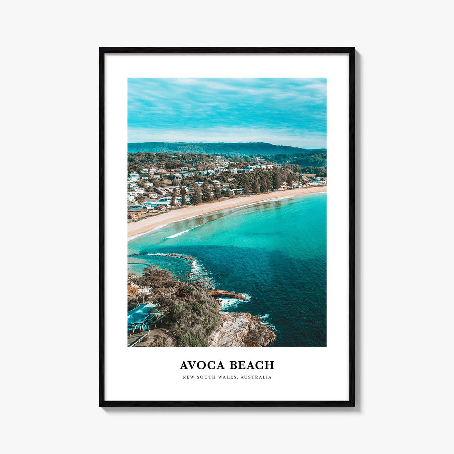 Avoca Beach colorful classic poster of New South Wales, Australia – vertical wall art, unframed print shown in interior mocku