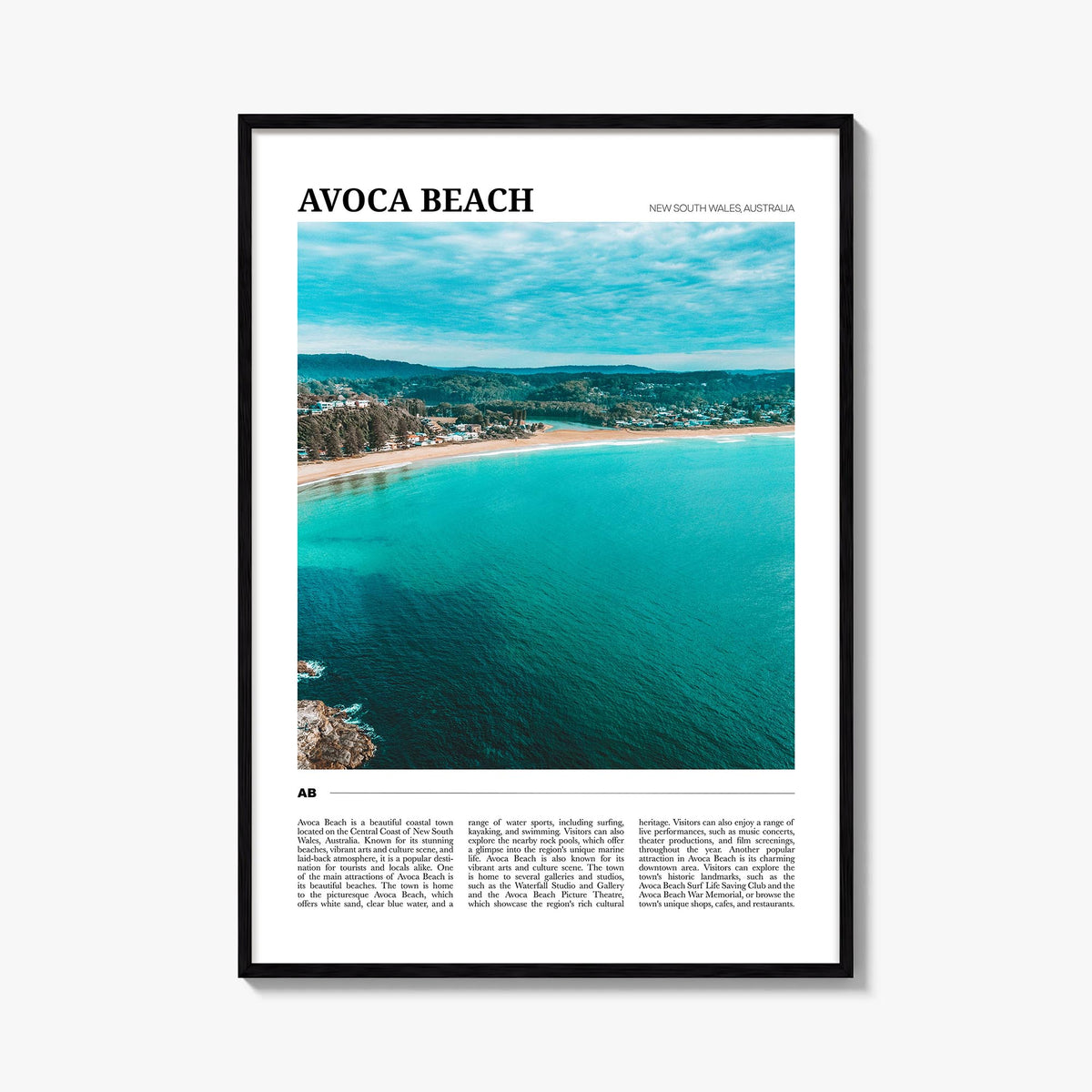 Avoca Beach colorful travel poster of New South Wales, Australia – vertical wall art, unframed print shown in interior mockup