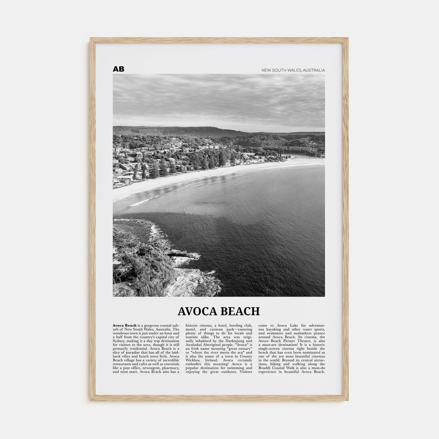 Avoca Beach Poster Natural Wood / 8x12 in Nbourhood Travel B&W Poster