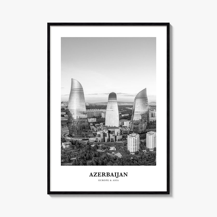 Azerbaijan black & white classic poster of Asia – vertical wall art, unframed print shown in interior mockup