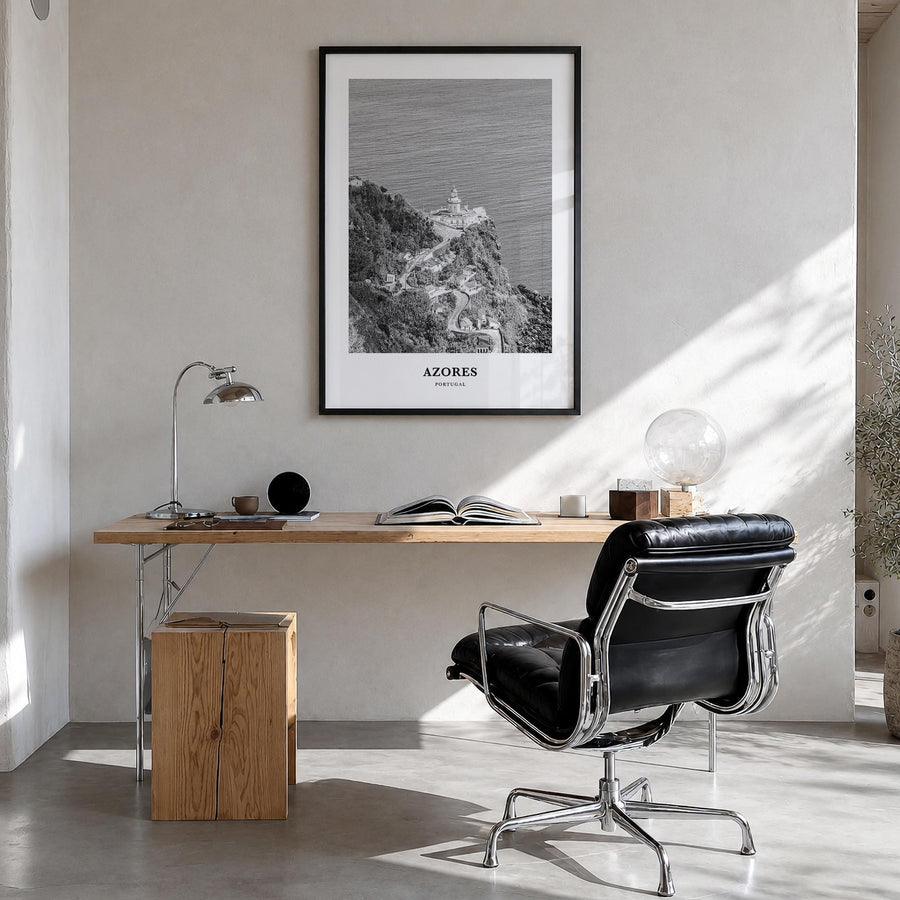 Azores black & white classic poster of Portugal – vertical wall art in black wood frame, hanging on wall