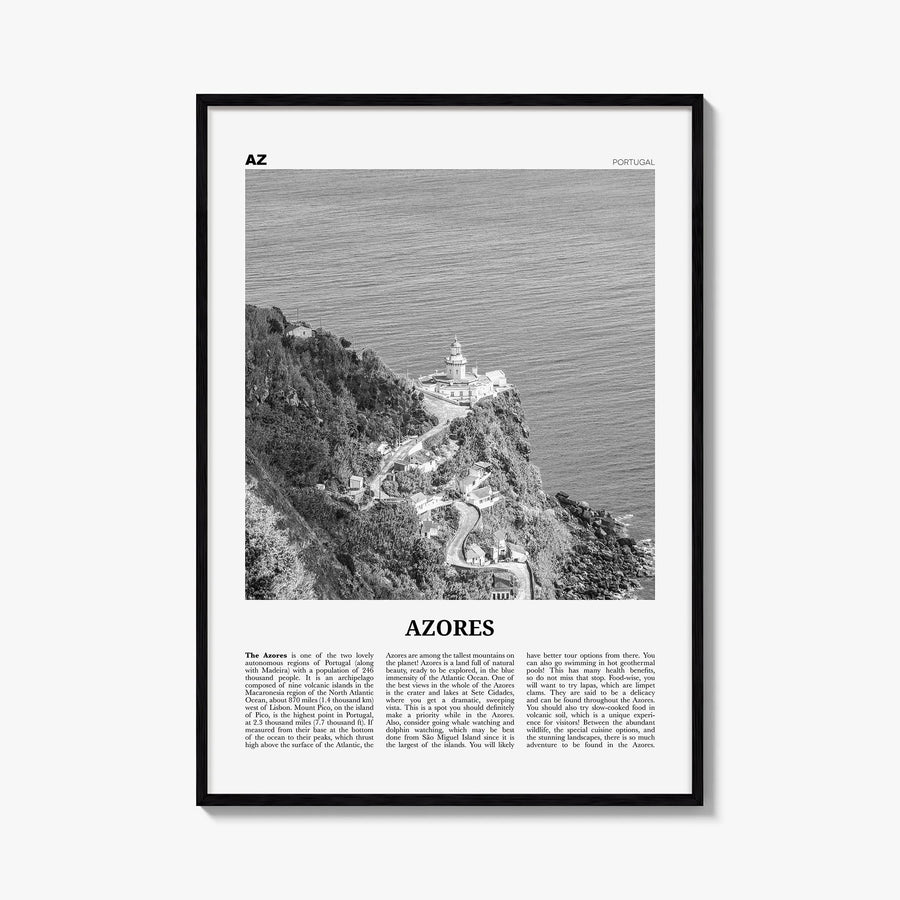 Azores black & white newspaper poster of Portugal – vertical wall art, unframed print shown in interior mockup